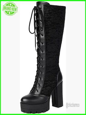 Gothic Lace-Up Knee High Platform Boots Chunky Block Heel Combat Boots